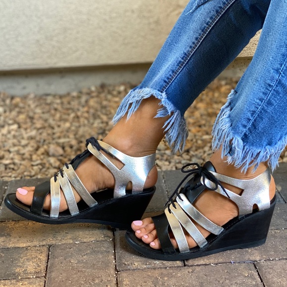 Distressed Leather Lace Up Kitten Wedge Sandal - Picture 7 of 12